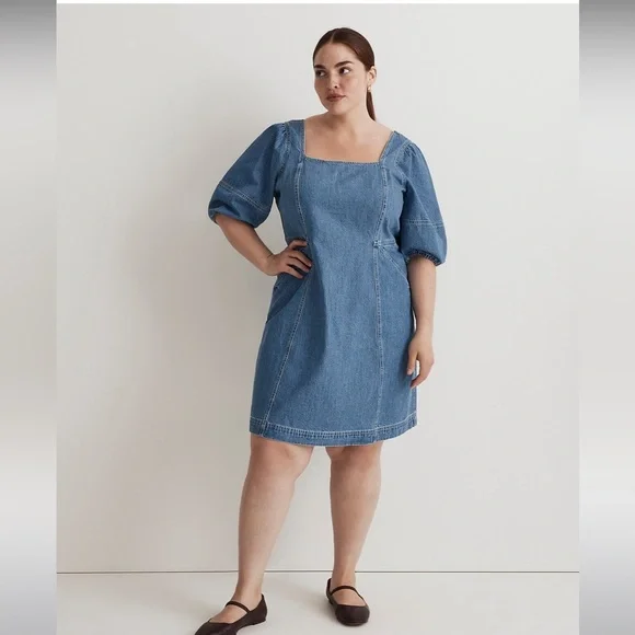 white christmas dresses Denim Wavy Cut-Out Puff Sleeve Mini Dress main image 1